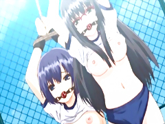 Two hentai coeds bondaged with muzzled hard poking and creampie